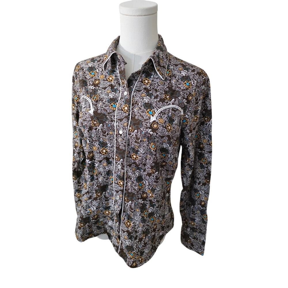 Shyanne Genuine Clothing Brown Western Pearl Snap Shirt Size M Horse Floral
